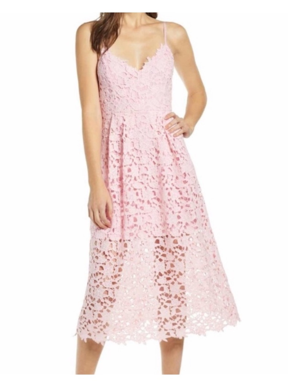 Astr the label pink lace midi dress
